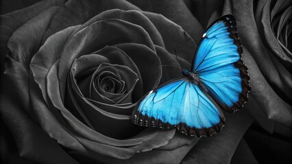 Vibrant blue butterfly lands on a moody black rose macro shot