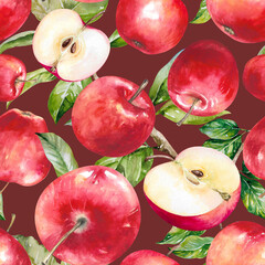 Apples, whole and half, freshly picked ripe fruit with leaves hand drawn watercolor illustration isolated on dark red. Juicy seamless pattern for garden, rustic, food design, fabric, wallpaper, prints