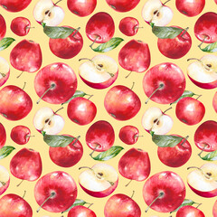 Apples, whole and half, red freshly picked ripe fruit with green leaves hand drawn watercolor illustration isolated on yellow. Juicy seamless pattern for garden, rustic, food, kitchen design, fabric