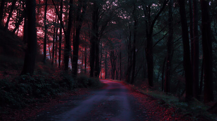 Obraz premium 青みの夕景で赤い森を貫く細い林道が斜めに走る静かな黄昏の風景