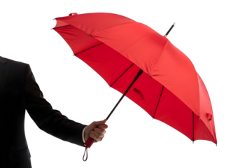 Red umbrella held by a person in a black coat isolated on transparent background