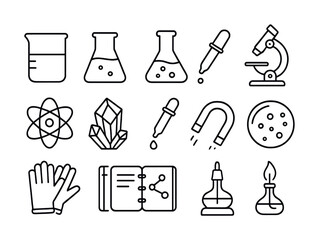 Obraz premium Set of science icons: beaker, flask, pipette, microscope, atom, crystal, magnet, gloves, experiment