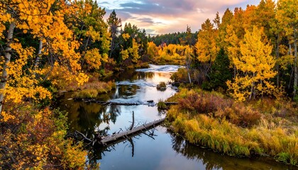 An autumn landscape of a river flowing through a forest of colorful trees under a partly cloudy sky during sunset
