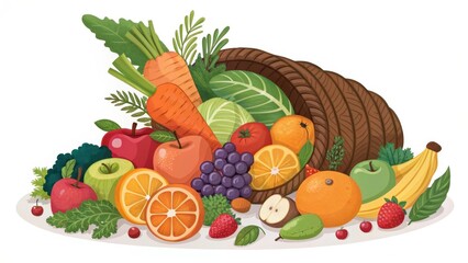 Abundant cornucopia overflowing with fresh assorted fruits and vegetables