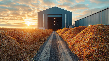 Agricultural waste piles beside a storage facility at sunset Generative AI