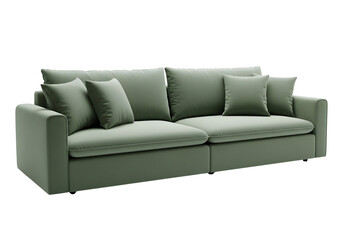 Modern light green fabric sofa with plush cushions isolated on transparent background