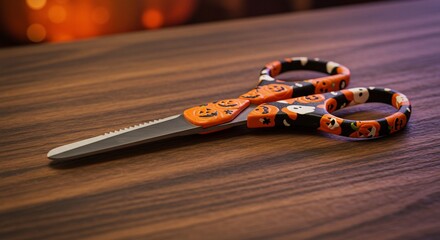 Halloween Themed Scissors on a Wooden Table with Blurred Background.