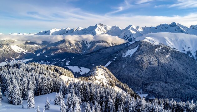 Aerial winter landscape showcasing snow-covered mountains and valleys with evergreens below a partly cloudy sky - Powered by Adobe