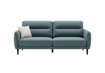 Modern teal two seater sofa with pillow isolated on transparent background