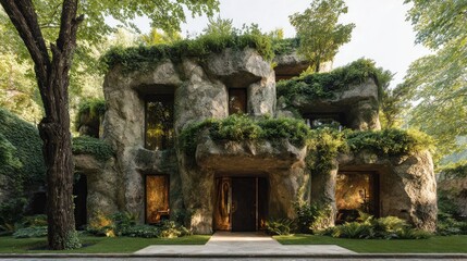 A rock-faced house nestled within a lush green landscape.