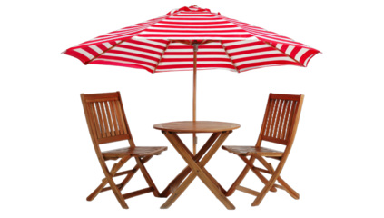 Cafe table with chair and parasol umbrella isolated on white background.