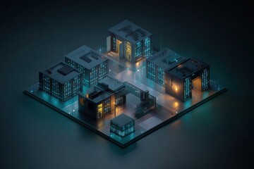 Isometric Data Infrastructure Cityscape: Advanced Server Network Architecture with Digital Buildings and Centralized Computing