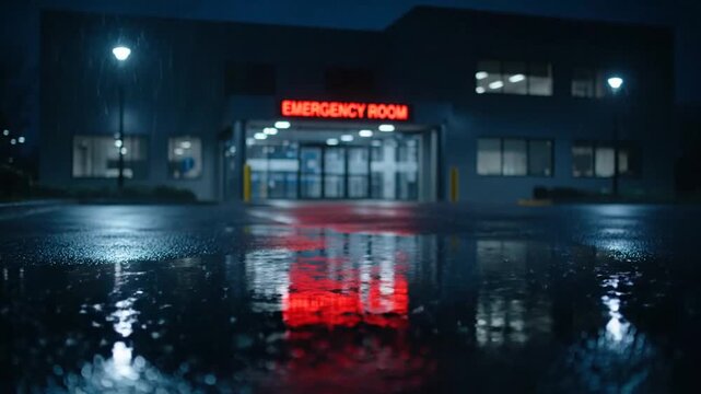 Cinematic Low Angle of a Hospital Emergency Room Entrance on a Dark and Rainy Night with Reflections