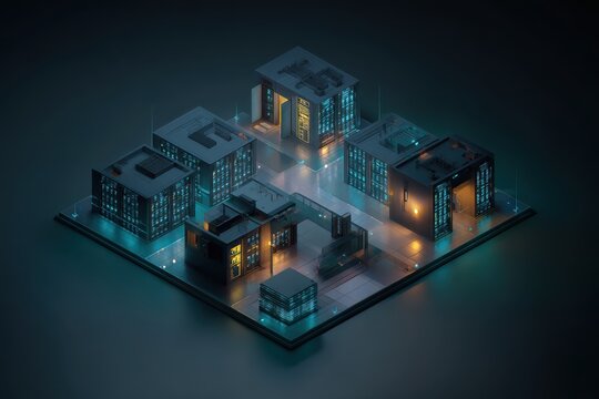Isometric Data Infrastructure Cityscape: Advanced Server Network Architecture with Digital Buildings and Centralized Computing