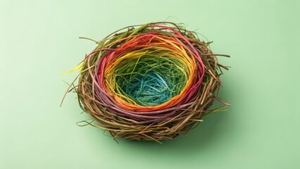 Vibrant rainbow nest with natural materials on pastel green background