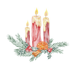 Red candles arranged with fir branches, hand drawn watercolor clipart great for advent calendars, gift tags, printable crafts, and cozy seasonal stationery or digital artwork