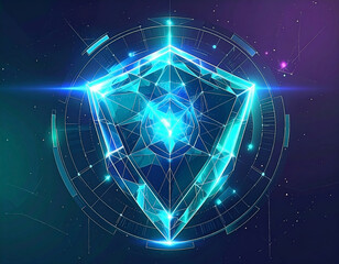 Diamond polyhedron shines with tech circle, against cosmic backdrop