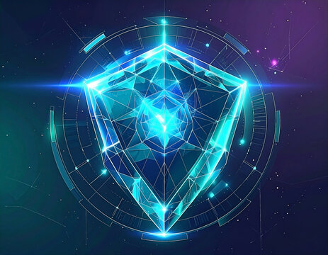 Diamond polyhedron shines with tech circle, against cosmic backdrop