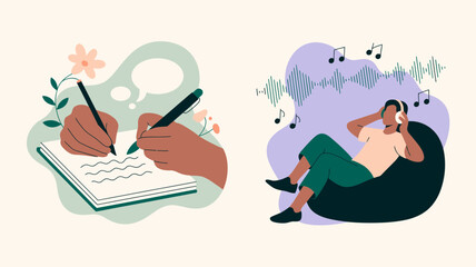 Two hands writing in a notebook and a person listening to music with headphones representing creativity and relaxation