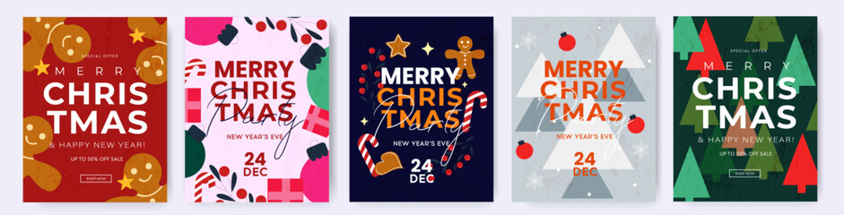 Merry Christmas and Happy New Year Party. Creative 2026 Year Offering 50% Discount.  Trendy Abstract 3D Patterns with gifts, Christmas tree, toy, cookies. Vector Illustration.