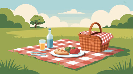 A charming illustration of a classic red and white checkered picnic blanket spread on a grassy field with a basket and food