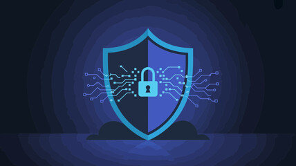 Digital shield with a glowing padlock and circuit board elements symbolizing cybersecurity and data protection