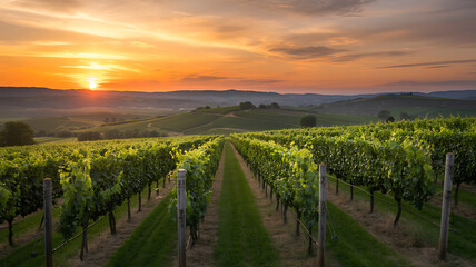 Fototapeta premium Golden sunset over rolling vineyard landscape