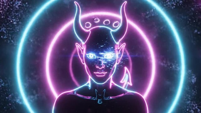 Mystical demonic figure with glowing eyes and neon aura, evoking dark fantasy and supernatural power. - Powered by Adobe