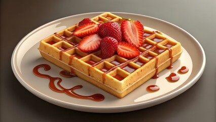 Delicious waffle topped with fresh strawberries and syrup