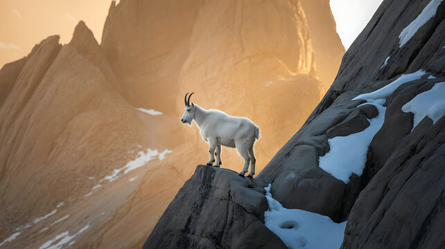 Majestic mountain goat stands proudly on a rocky cliff edge