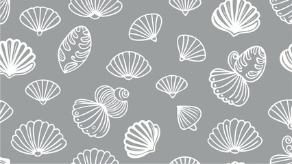 Elegant sea shell seamless pattern on gray background, summery ocean theme design creates a calm