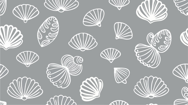 Elegant sea shell seamless pattern on gray background, summery ocean theme design creates a calm