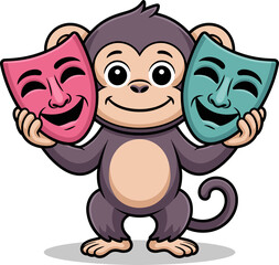 Cute monkey holding theatrical comedy and tragedy masks for creative projects