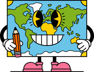 Animated earth holding pencil ready for school or adventure with world map face