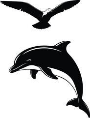 Vector illustration of dolphin and flying seabird silhouette, marine wildlife design for ocean nature art, nautical animal black artwork