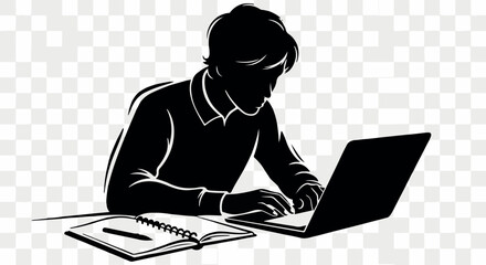 Focused silhouette of a young man working diligently on a laptop at a desk with a notebook.