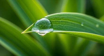 Fresh green leaf glistening with a single dewdrop, perfect for conveying purity, growth, and the beauty of nature's detail