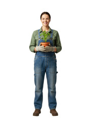 Gardener woman holding a potted plant, isolated on a transparent background