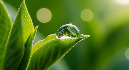 Sparkling dewdrop on vibrant green leaf surface reflects nature's beauty, capturing morning freshness and purity