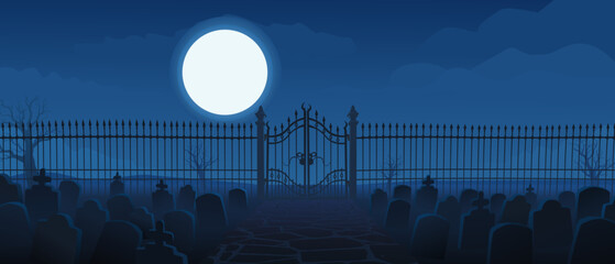 Dark, eerie, and foggy graveyard illustration under a glowing full moon. Features tombstones, a wrought iron fence, and a gate. Halloween horror theme