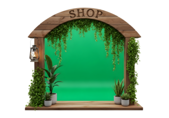 Rustic wooden archway shop entrance with green screen isolated on transparent background
