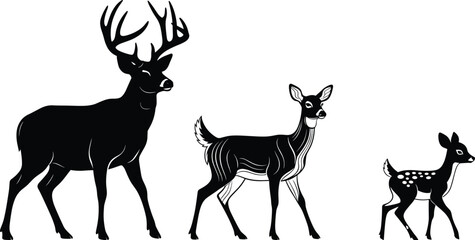 Vector illustration of deer family with stag, doe, and fawn in black and white silhouette style for wildlife design