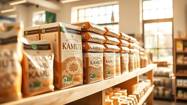 kamut. Neatly stacked packages of cereal on a wooden shelf in a bright store. menu design, packaging mockups, designed for food delivery and cloud-kitchen brand materials, used by researchers.