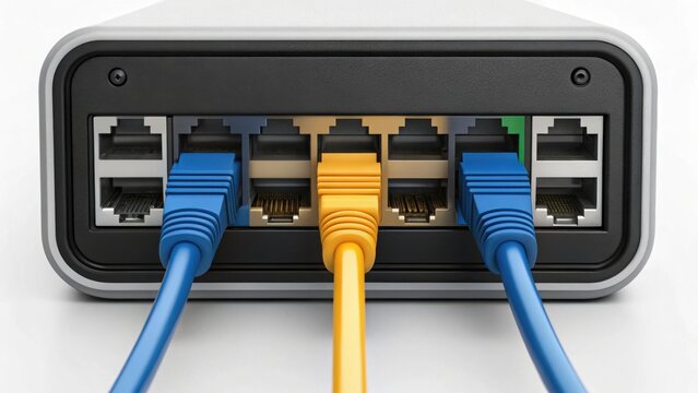 Close Up of Internet Modem with Standard Ports and Cables Attached
