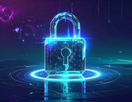 Futuristic cyber security concept with glowing padlock on digital background