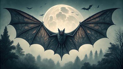 Mysterious bat spreads wings against huge full moon in spooky night