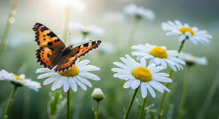 Stunning painted butterfly rests on dew kissed daisy petals at sunrise, nature's delicate beauty awakens
