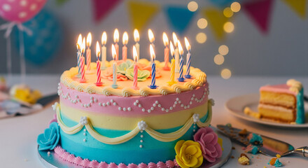 Celebrate joyous moments with a vibrant, candle-lit birthday cake adorned with beautiful frosting flowers and festive decorations