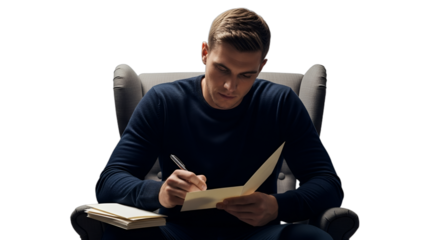 Thoughtful young man writing a heartfelt letter or card in an armchair, ideal for Valentine's Day, holiday greetings, personal correspondence, academic study, or journaling,
