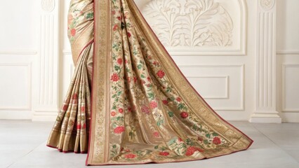 Elegant beige saree with intricate floral border detail close-up